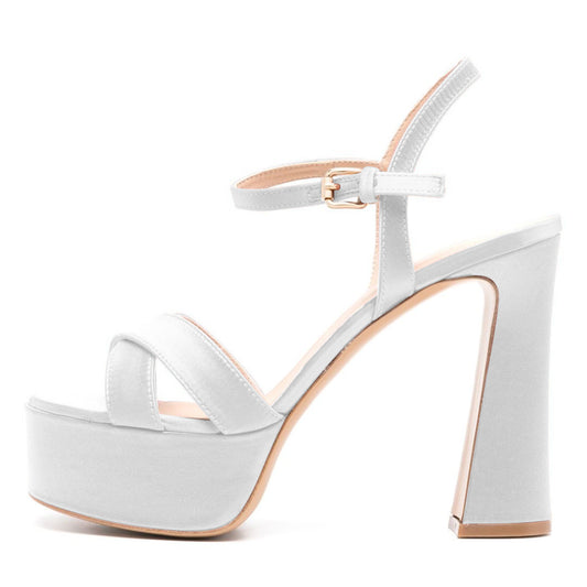 Elegant White Square Toe Buckle Ankle Strap Women's Heel Sandals