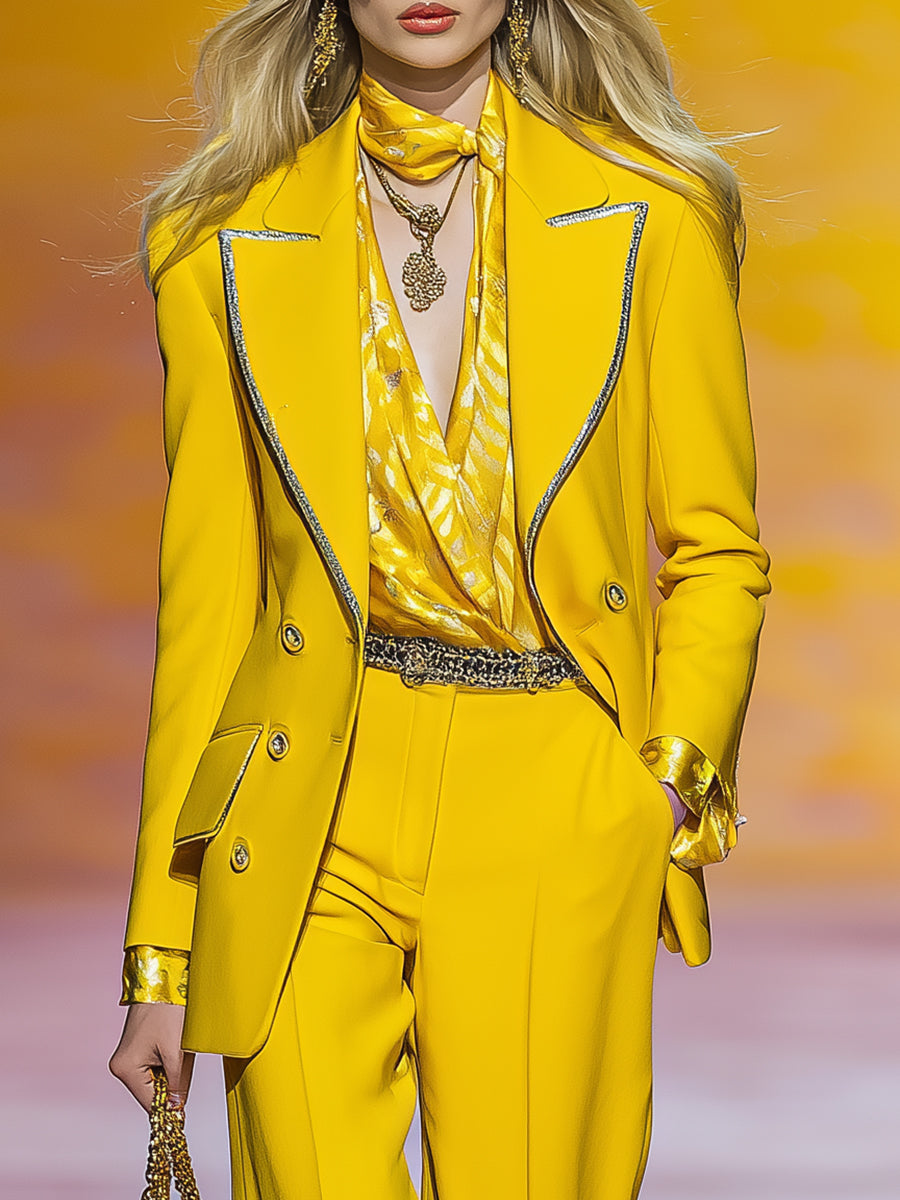 Fashionable And Smart Trim Yellow Suit Trousers Set