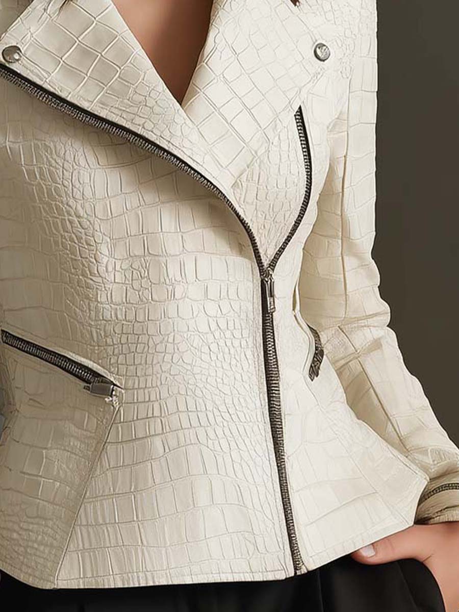 Eco Leather Croc-Embossed Biker Jacket – Ivory