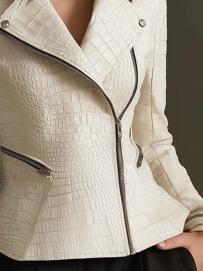 Eco Leather Croc-Embossed Biker Jacket – Ivory