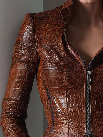 Eco Leather Croc-Embossed Fitted Jacket – Chestnut Brown