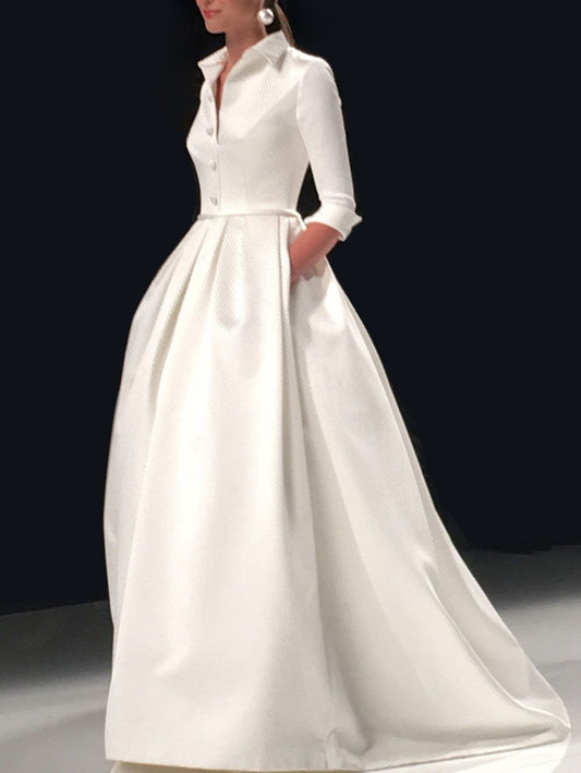Elegant Solid Color Pockets Turndown Collar Maxi Dress