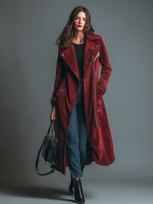 Elegant Vintage Burgundy Faux Suede Long Coat