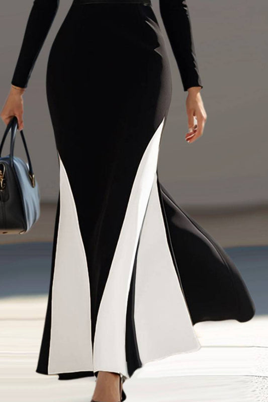 Daily Work Black White Maxi Dress With Long Bell Sleeves Deep V Dress