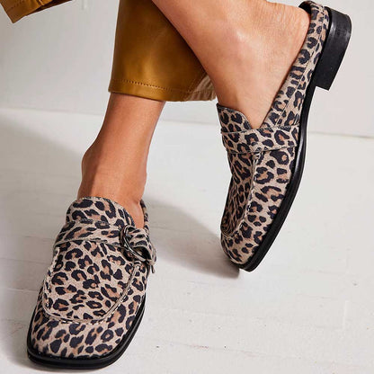 Beige Leopard Print Square Toe Flat Buckled Slip-On Mules