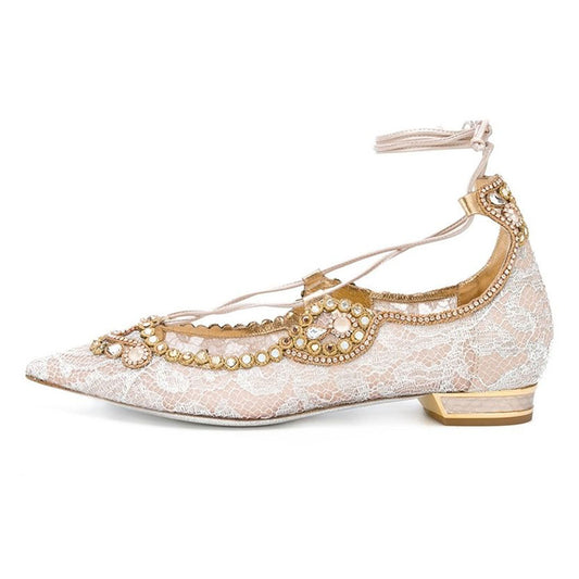 Elegant Nude Pointed Toe Rhinestone Lace-Up Flat Shoes for Women