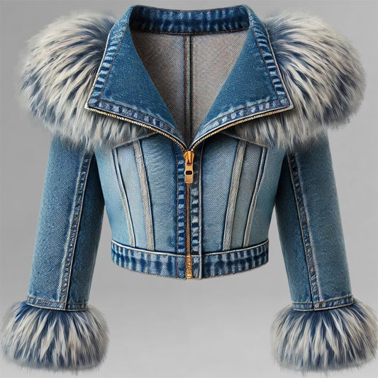 Fashion Plush Trimmed Lapel Long Sleeve Zipper Denim Cropped Jacket