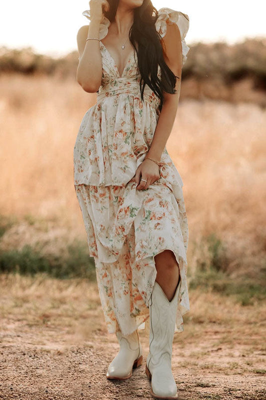 Floral Print V-Neck Ruffle Maxi Dress