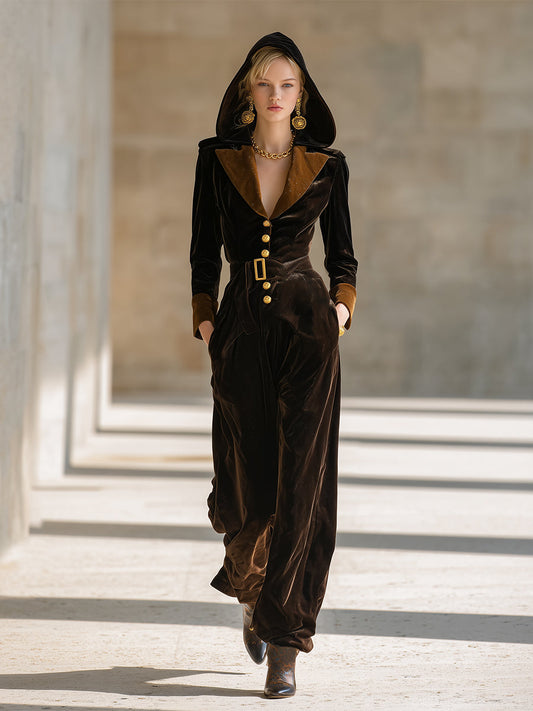 Elegant Retro Chocolate Brown Hooded Velvet Belted Long Sleeve Jumpsuit
