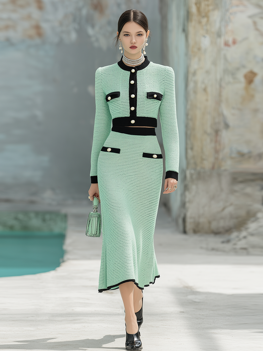 Elegant Contrast Trim Knitted Cardigan And Skirt Set