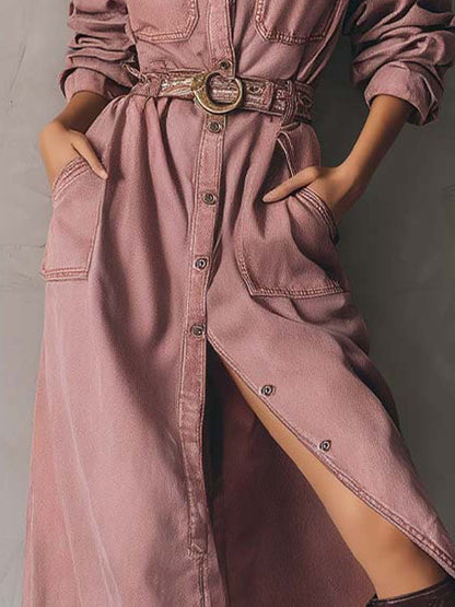 Dusty Rose Belted Denim Maxi Dress