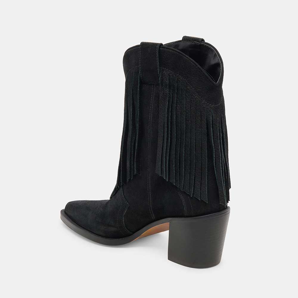 Faux Suede Pointed Toe Embroidered Black Fringe Western Boots