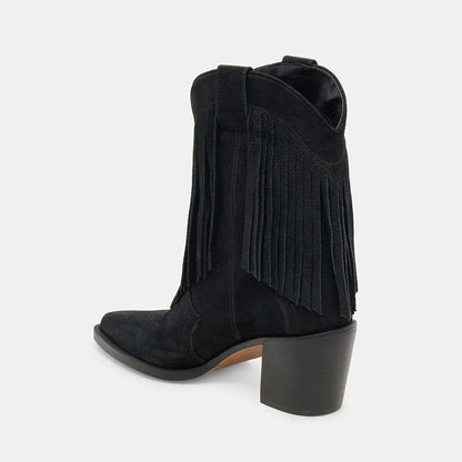 Faux Suede Pointed Toe Embroidered Black Fringe Western Boots