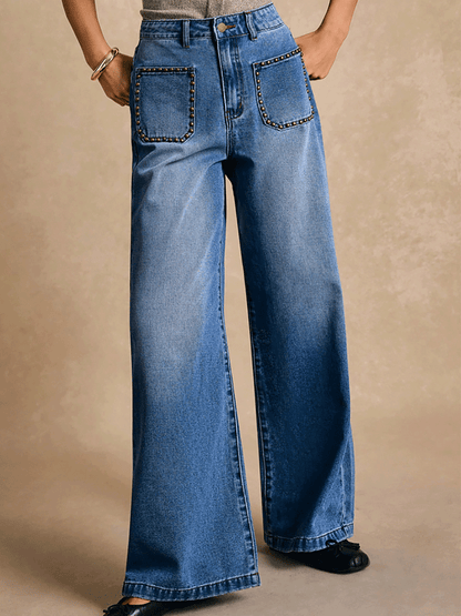 Fashion Rivet Pocket Wide Leg Washed Slim Straight Jeans