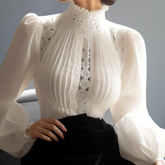 Elegant Mock Neck Puff Sleeve Pleated Lace Blouse