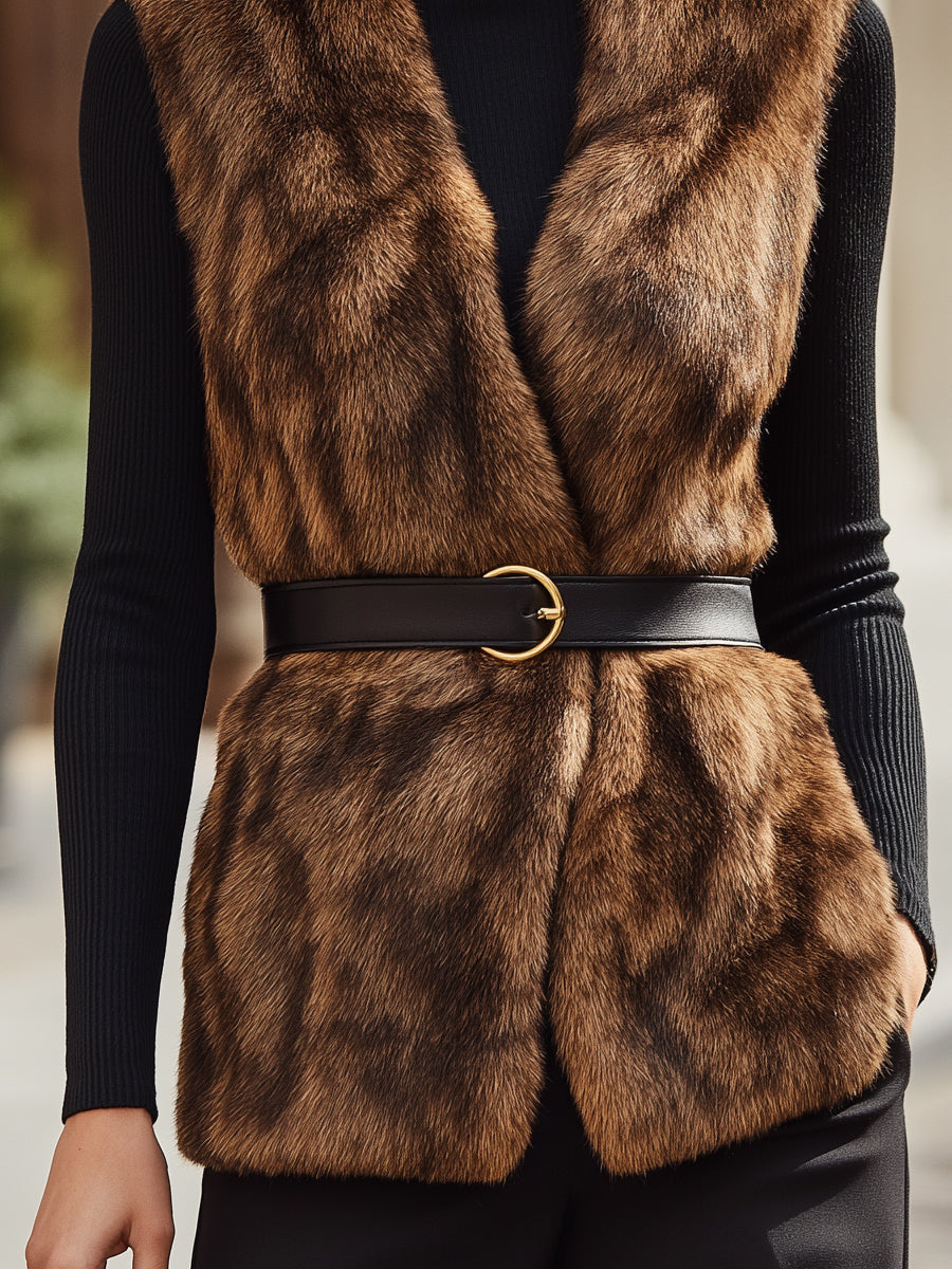 Faux Fur Sleeveless Vest With Belt