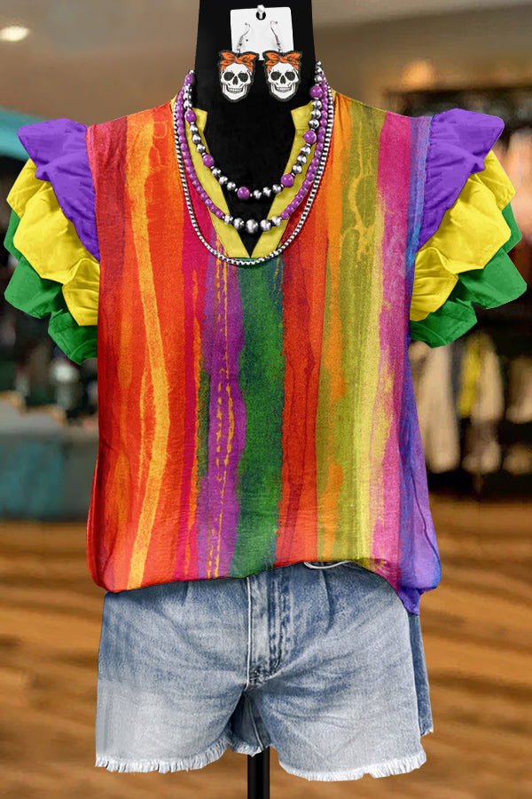 Unique Mardi Gras Print Flying Sleeve Blouse