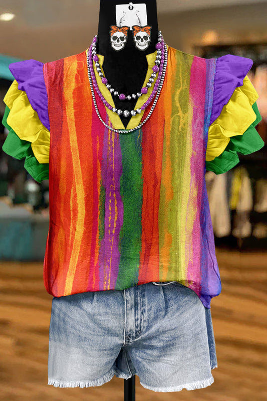 Unique Mardi Gras Print Flying Sleeve Blouse