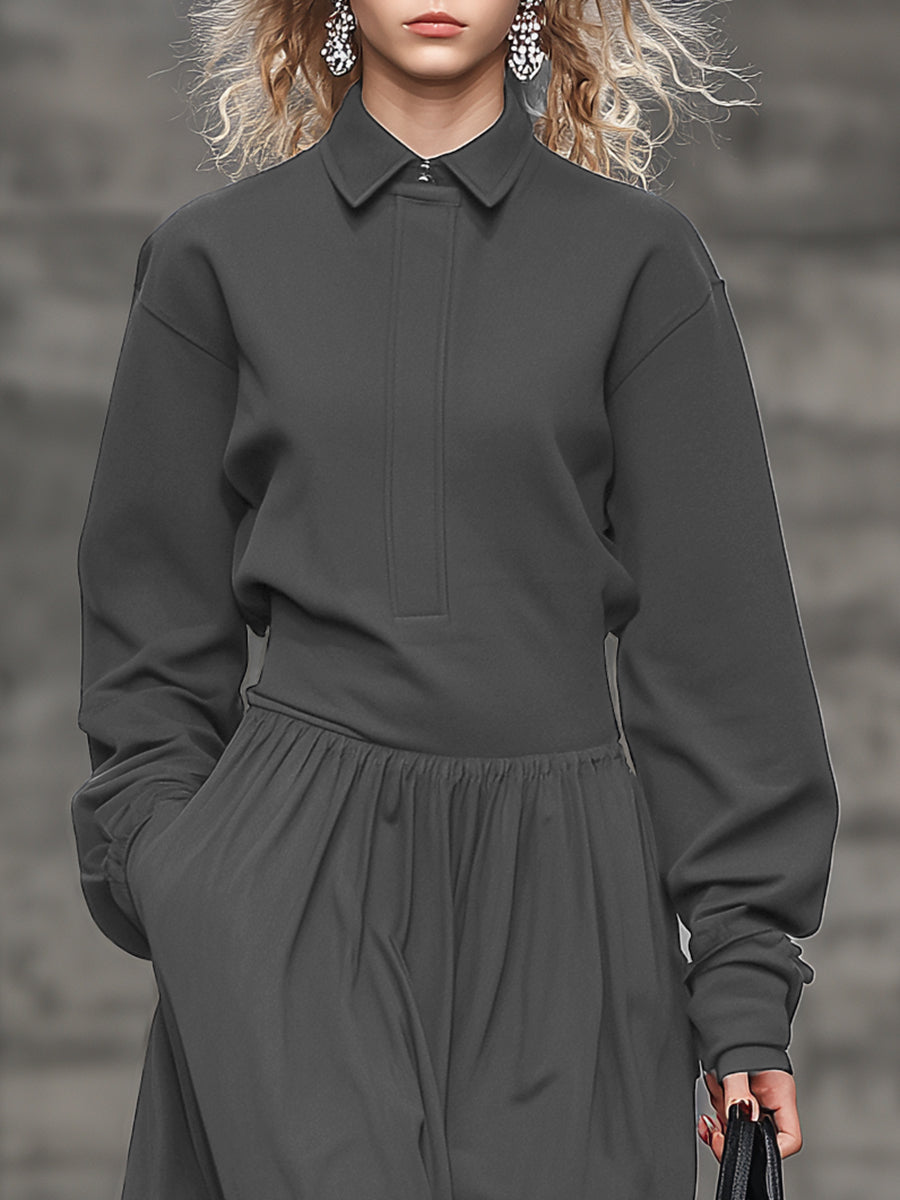 Fashionable Loose Sports Style Ruffle Lapel Gray Maxi Dress