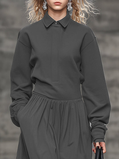 Fashionable Loose Sports Style Ruffle Lapel Gray Maxi Dress
