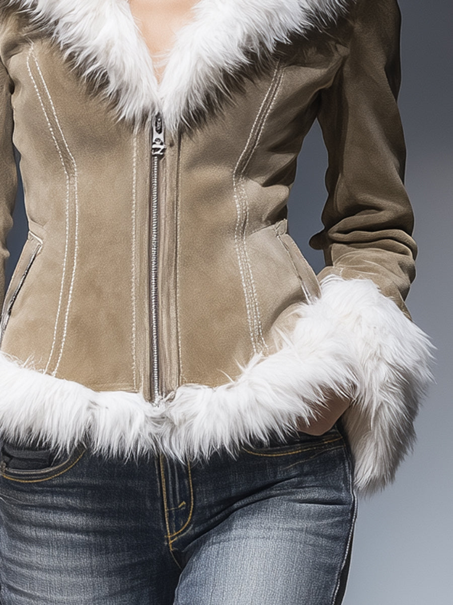Fashion Vintage Plush Trim Khaki Faux Suede Zipper Jacket