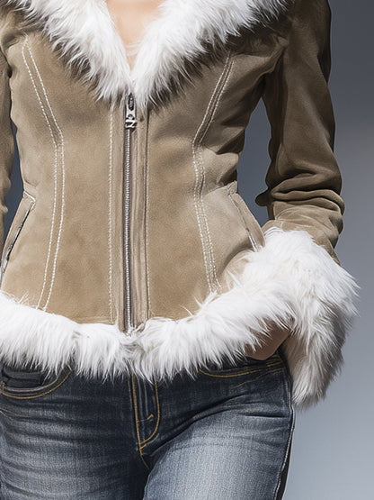 Fashion Vintage Plush Trim Khaki Faux Suede Zipper Jacket