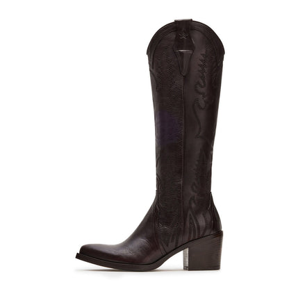 Dark Brown Pointed Toe Chunky Heel Knee-High Embroidered Cowgirl Boots