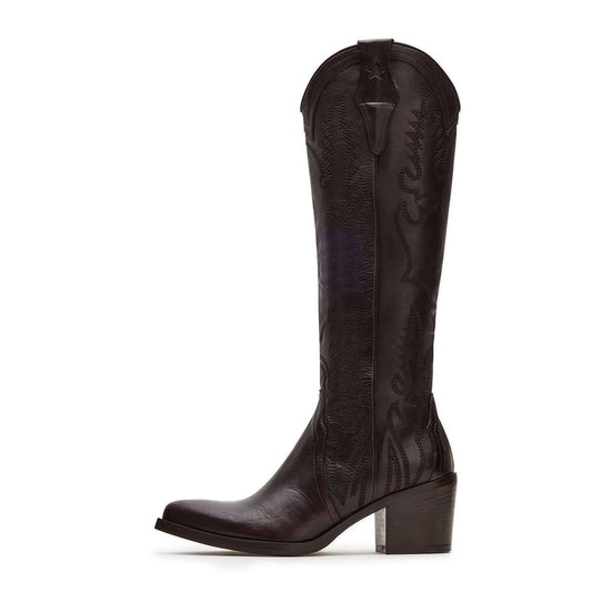 Dark Brown Pointed Toe Chunky Heel Knee-High Embroidered Cowgirl Boots