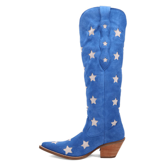 Beige Star Pattern Snip Toe Chunky Heel Knee-High Blue Cowgirl Boots