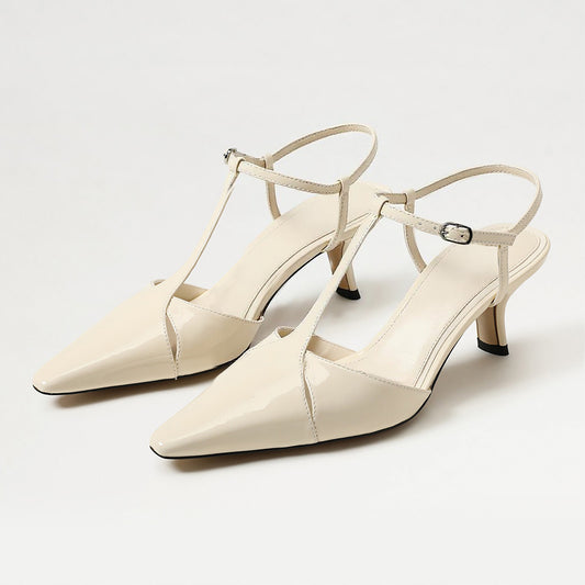 Elegant Ivory Pointed Toe T-Strap Chunky Heel Pumps for Women