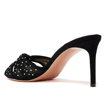 Fashion Rhinestone Peep Toe Black Mule Heels for Women