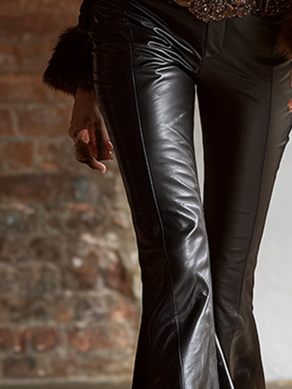 Fashionable And Personalized Black PU Fur Hem Flared Pants