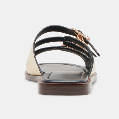 Elegant Beige Faux Leather Square Toe Slide Flat Summer Sandals
