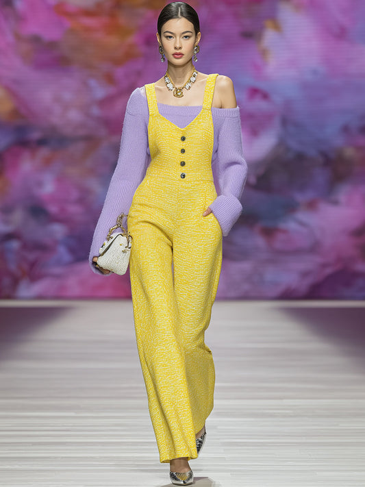 Fashionable Yellow Button-decorated Overalls