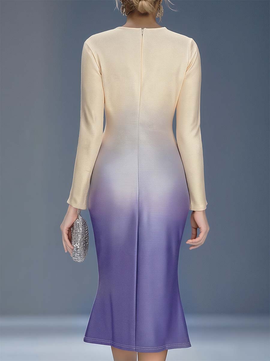 Elegant Three-dimensional Floral Decoration Beige And Purple Gradient Midi Dress