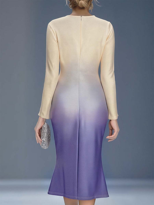 Elegant Three-dimensional Floral Decoration Beige And Purple Gradient Midi Dress