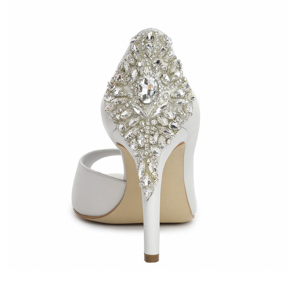 Elegant White Vegan Leather Peep Toe Rhinestone Decor Wedding Heels