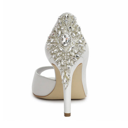 Elegant White Vegan Leather Peep Toe Rhinestone Decor Wedding Heels
