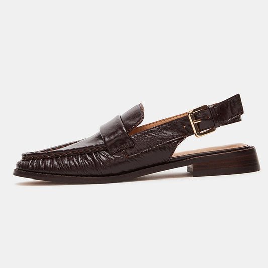Dark Brown Vegan Leather Round Toe Flat Buckled Loafer Slingbacks