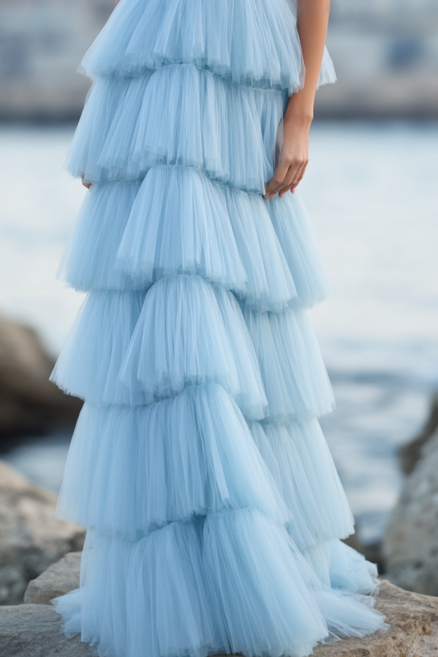 Evening Prom Tiered Dress Blue V Neck Floor-Length Dress