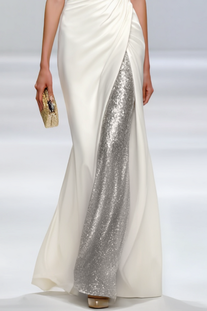 Formal Sequin Dress White Crew Neck Floor-Length Dress