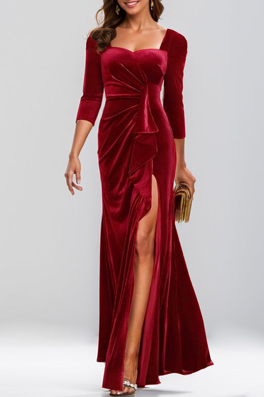 Evening Velvet Dress Ruffle High Slit  Maxi Dress Mother of the Bride Dress