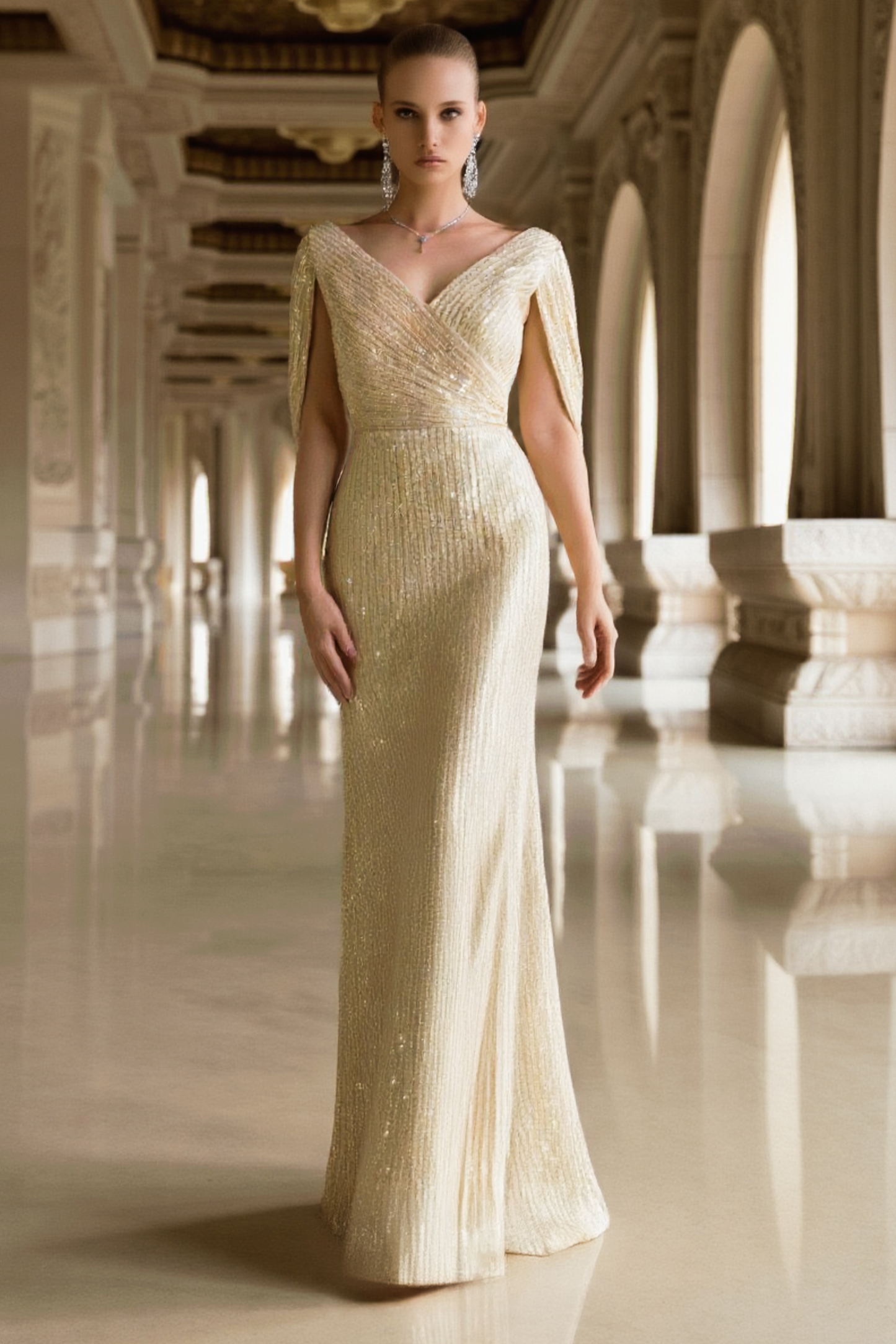 Formal Sequin Dress Golden V Neck Floor-Length Dress