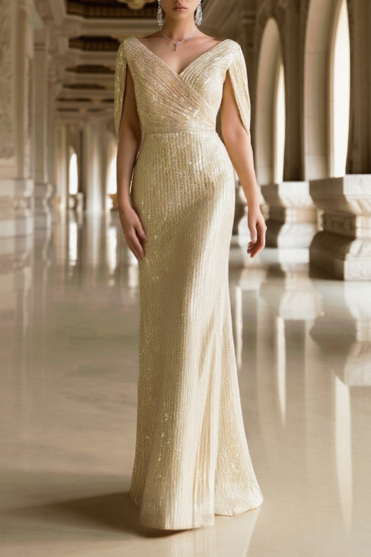Formal Sequin Dress Golden V Neck Floor-Length Dress