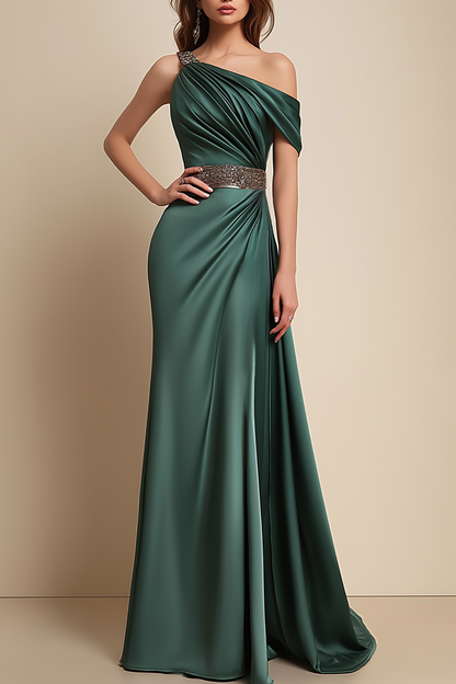 Formal Dress Green One-Shoulder Rhinestone Waist Belt Floor-Length Dress