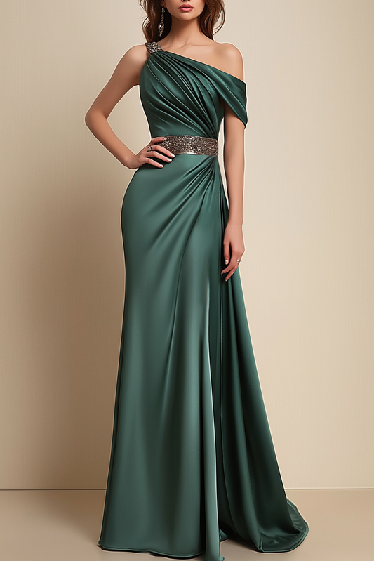 Formal Dress Green One-Shoulder Rhinestone Waist Belt Floor-Length Dress
