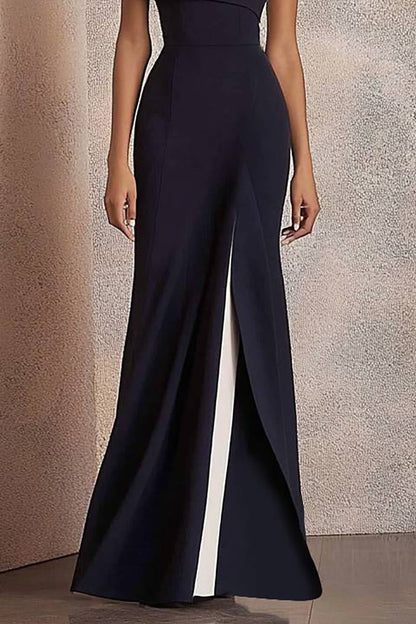 Evening Formal Colorblock Dress One Shoulder Asymmetrical Slit Maxi Dress