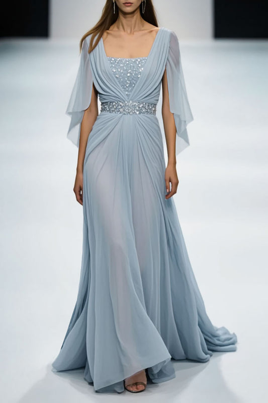 Evening Dress Light Blue Rhinestone Chiffon Floor-Length Gown