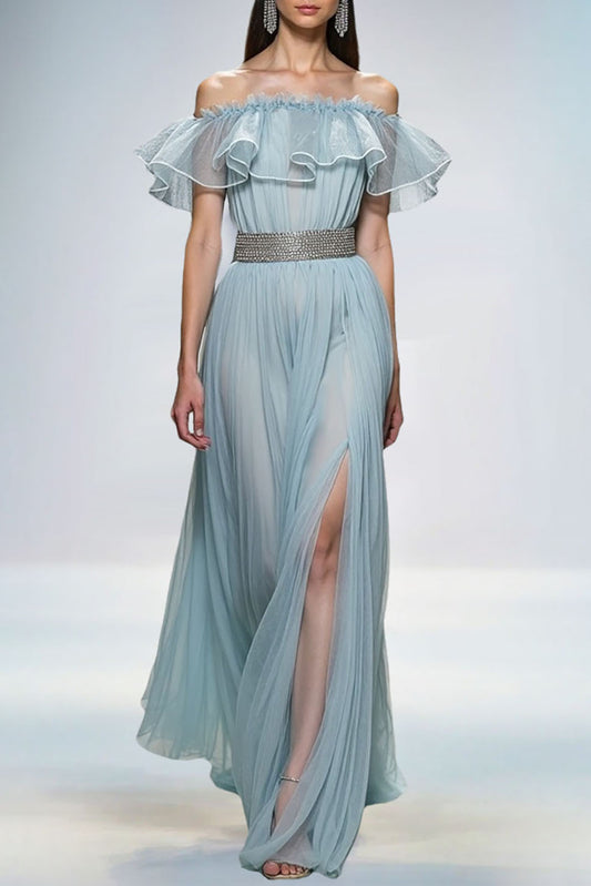 Evening Dress Light Blue Off Shoulder Ruffle Chiffon Slit Maxi Gown