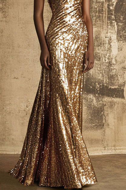 Formal Evening Dress Gold One-Shoulder Shiny Pleated Floor-Length Dress